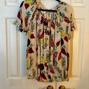Terra & Sky Floral Blouse with Red and Yellow Accents
